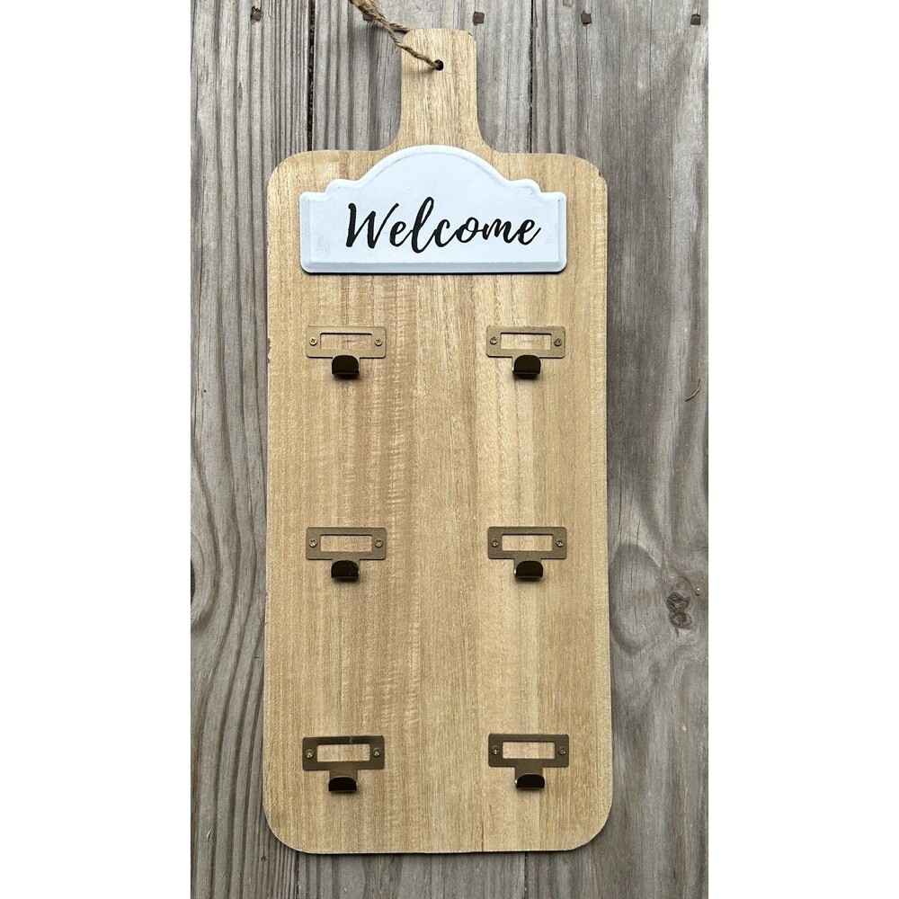 Wood Wall Key Holder 6 Hooks Welcome Farmhouse Paddle Rack Entryway Decor